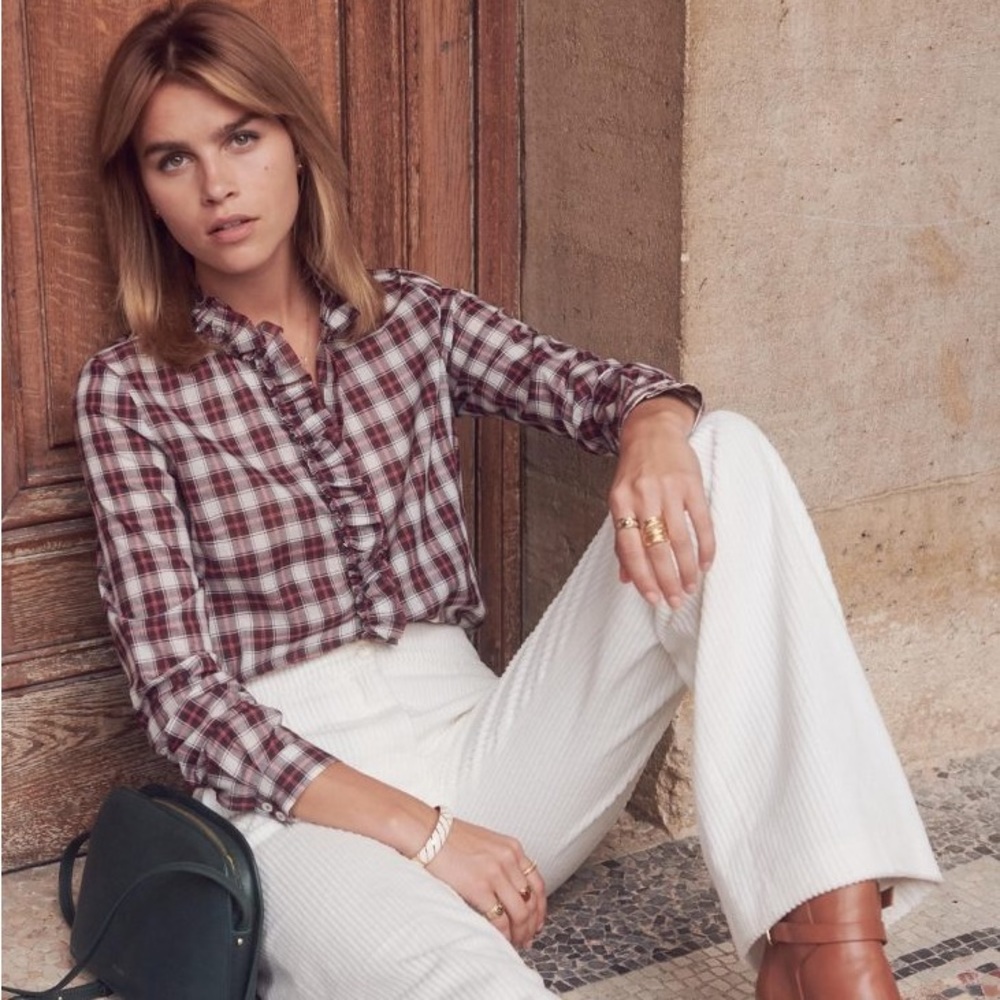 Sezane Solange Plaid Ruffled Button Down Blouse